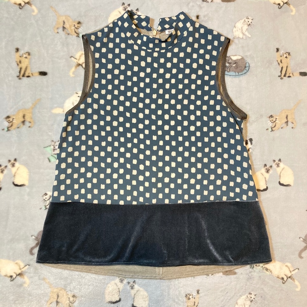 Zara Sleeveless Tunic Top Women's S Polka Dot Blue Luxury Tank Shirt Velour EUC